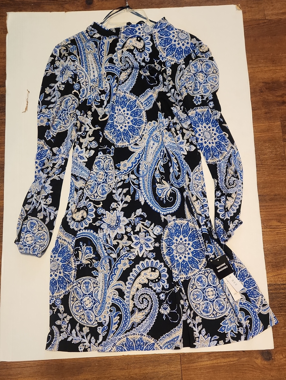 Womens Black & Blue Paisley Long-Sleeve Dress